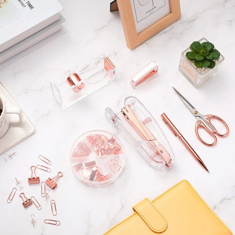 Rose Gold Dope All In One Desk Accessory Set For Your Home Office Featuring An Acrylic Stapler And Staples 1000 Pieces