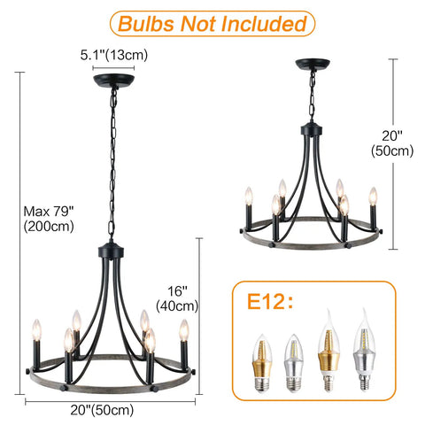 Product image of Wagon Wheel Round Chandelier Six Light Black Farmhouse Rustic Pendant Ceiling Light showing dimensions.