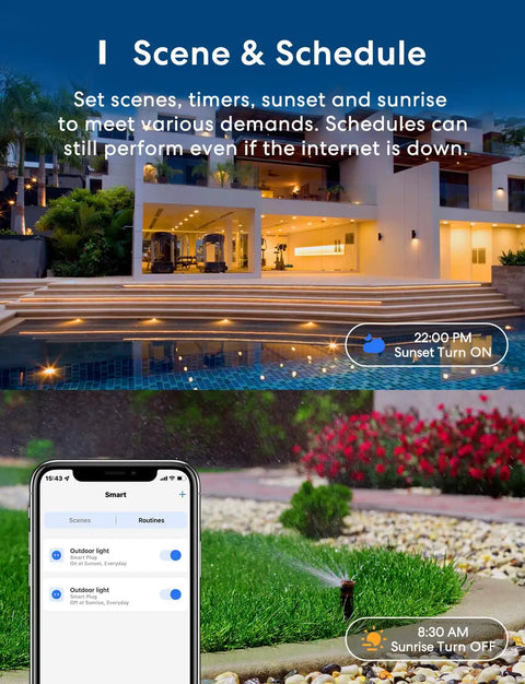 Outdoor Smart Plug With Voice Control And Hands Free Scheduling interface showing scene scheduling on smartphone with garden view.