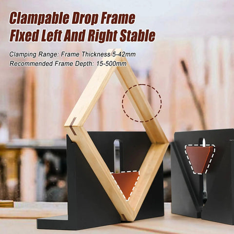 Clampable Drop Frame for Heavy Duty Adjustable Aluminum Right Angle Spline Jig For Serious Woodworkers Featuring Wide Clamping Range.