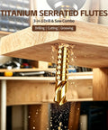 Eight Pack Titanium Coated HSS Twist Drill Bits Metric Set 3 To 10MM Cobalt Alloy cutting through wood with golden serrated flutes.