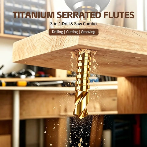 Eight Pack Titanium Coated HSS Twist Drill Bits Metric Set 3 To 10MM Cobalt Alloy cutting through wood with golden serrated flutes.