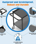 Heavy Duty Two Tier Utility Cart On Wheels With Handle For Warehouse Garage And Kitchen NSF Certified Commercial Grade Metal Serving Storage Cart Built Tough Durable Steel Frame Large Capacity Black with ergonomic handle and rustproof coating.
