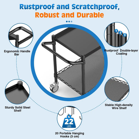 Heavy Duty Two Tier Utility Cart On Wheels With Handle For Warehouse Garage And Kitchen NSF Certified Commercial Grade Metal Serving Storage Cart Built Tough Durable Steel Frame Large Capacity Black with ergonomic handle and rustproof coating.