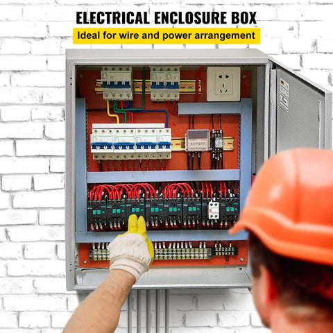 Technician configuring Rugged Outdoor Electrical Enclosure 20x20x6 Inch, NEMA 4 Waterproof Dustproof IP65 Cold-Rolled Carbon Steel