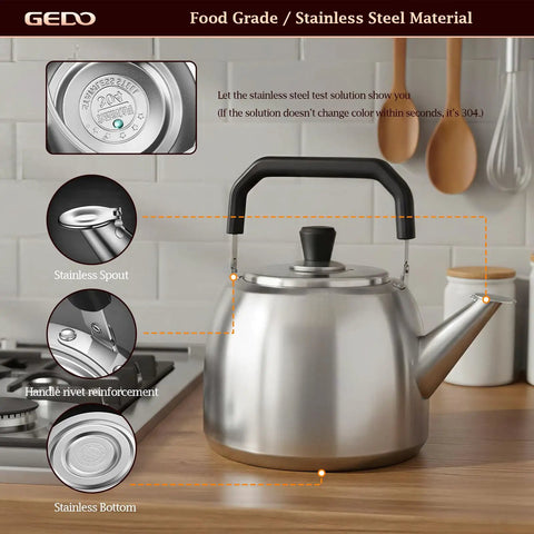 Stainless Steel Whistling Tea Kettle For Gas And Induction Stovetops, 304 Food Grade, Large 4L Capacity on kitchen counter