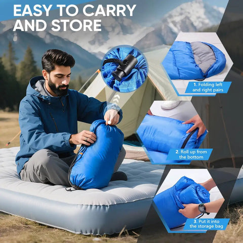Man packing a Portable Waterproof Sleeping Bag For Adults And Kids, 4 Seasons Cold Weather Or Warm, into a bag outdoors
