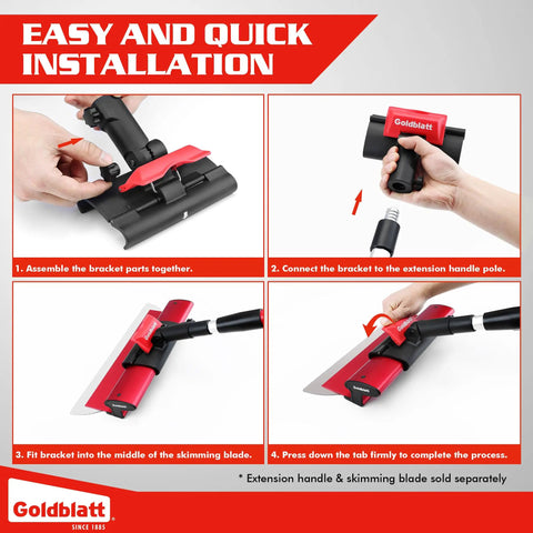 Installation steps for Drywall Skimming Blade Handle Adapter with quick release design and pro grade multi angle adjustment.