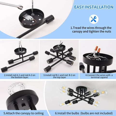 Step-by-step installation of Eight Light Industrial Semi Flush Mount Ceiling Light Fixture In Matte Black With Farmhouse Close To Ceiling Style Modern Sputnik Chandelier