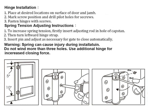 Installation instructions for Beefy Heavy Duty Adjustable Spring Hinge 3 Inch Black For Doors Thick Cold Rolled Steel 2 Pack No Mortise Required Full Surface Mount Made In Taiwan By QCAA.