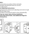 Installation instructions for Adjustable Spring Hinge 3 Inch With Stainless Steel Screws Zinc Finish 2 Pack No Mortise Required Full Surface Door Hinge For Cabinets And Closets Made In Taiwan including diagrams.