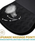 Close-up of black ergonomic mouse pad with massage design for pain relief, showing texture and features.