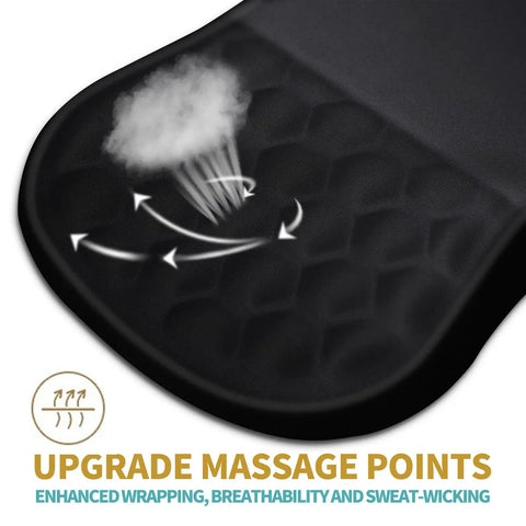 Close-up of black ergonomic mouse pad with massage design for pain relief, showing texture and features.