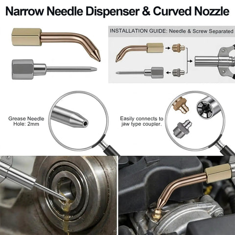 All In One Grease Gun Accessory Kit With 90 Degree Coupler Straight And Bent Needle Nozzles shown with installation guide