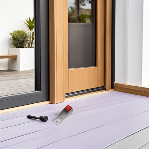 Heavy Duty Sliding Barn Door Wheels And Silent Nylon Rollers With Built Tough Cold Rolled Steel Frame For Silky Smooth Glide on patio door setup with tools.