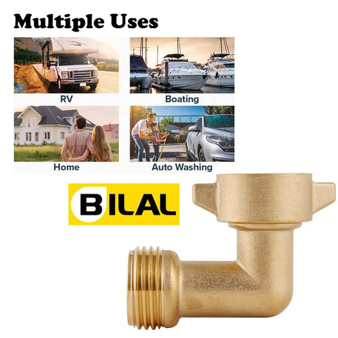 90 Degree Hose Elbow For RVs With Solid Brass Construction And Swivel Easy Grip Connector Delivers A No Fuss Fit For Three Quarters Inch Hose Threads Ideal For RV Water Hoses Residential Outdoor Faucets And More 1 Pack with multiple use illustrations.