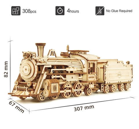 1:18 Scale Steam Train Model With Carriage 3D Wooden Puzzle For Adults DIY Mechanical Vehicle Kit, 308pcs, 307 mm