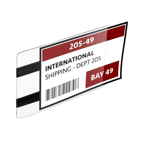Heavy Duty Magnetic Pallet Rack Sign Holder displaying a clear vinyl label sleeve for shipping department, 3.5 by 5.5 inches.