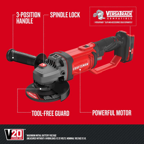 V20 Angle Grinder Four And A Half Inch Compact Tool Only 8500 RPM Built For Heavy Duty Pro Grade Grinding with tool-free guard