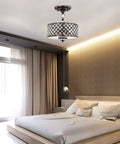 Antique Bronze Crystal Flush Mount Chandelier, Three Light Ceiling Light Fixture With Iron Lattice Frame, Semi Flush Mount Sleek Modern Glam For Living Room And Dining Area in bedroom setting