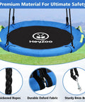 48 Inch Saucer Swing For Backyard Fun The Whole Family Can Ride Together 900 Lbs Capacity With Adjustable Hanging Straps Blue Outdoor Playground Swing For Kids And Adults showing thick ropes, durable fabric, and strong bolt.
