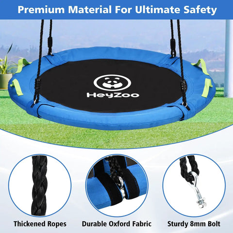 48 Inch Saucer Swing For Backyard Fun The Whole Family Can Ride Together 900 Lbs Capacity With Adjustable Hanging Straps Blue Outdoor Playground Swing For Kids And Adults showing thick ropes, durable fabric, and strong bolt.
