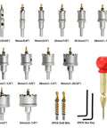Carbide Hole Saw Kit For Metal 13 Piece Heavy Duty Drill Bit Set Ranging From 33/64 Inch To 2 1/8 Inch Cutter For Stainless Steel