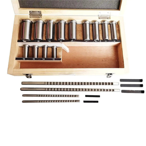 22 Piece Broach Tool Set For CNC Machines With HSS Pro Grade High Speed Steel Blades displayed in wooden storage box.