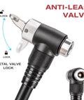 Close-up of anti-leak valve on high pressure mountain bike shock pump with gauge for 300 PSI front fork and rear suspension.