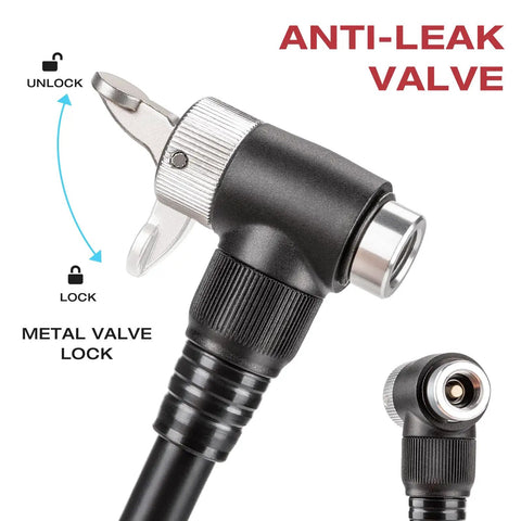 Close-up of anti-leak valve on high pressure mountain bike shock pump with gauge for 300 PSI front fork and rear suspension.