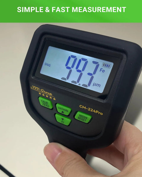 Automotive Paint Thickness Gauge For Car Panels, High Resolution Coating Meter From 0 To 59.1 Mils Or 1500 Micrometers, 0.01 Mil Resolution To 0.1 Micrometers, Fe NFe Zn Auto Detection, Auto Calibration, Ideal For Door Hood Roof And Body Panels, hand-held with 997 µm display