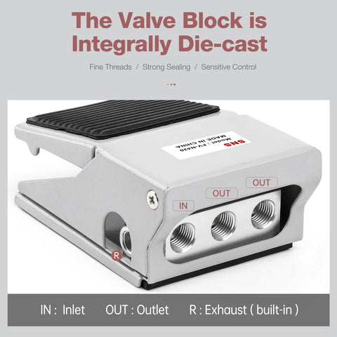 Pneumatic Heavy Duty Foot Pedal Valve For Four Way Two Position With Quarter Inch NPT Threads, showing inlet and outlet ports