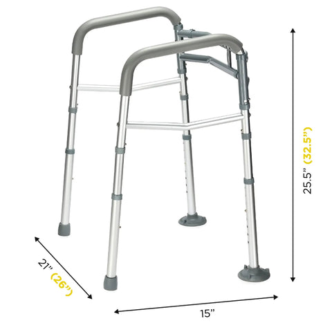 Adjustable Detachable Toilet Safety Frame with Handles, showing dimensions and non-slip suction footings.