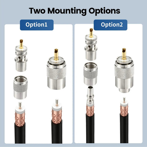 UHF Male Coax Connector Kit 5 Pack With Reducers Teflon 50 Ohm For RG59 RG8 RG8X LMR 400 Cables Two Mounting Options Display