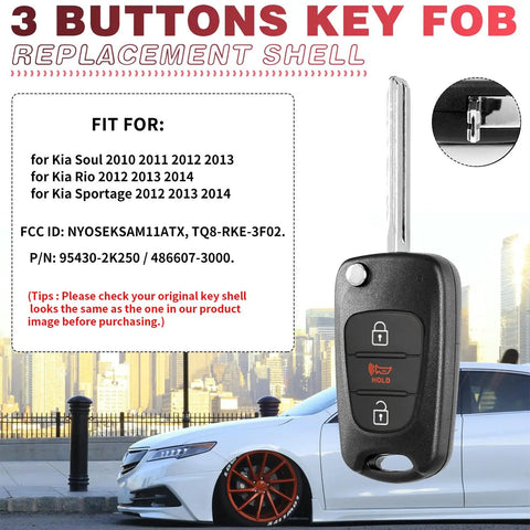 Kia Soul 2010 To 2013 Rio 2012 To 2014 Sportage 2012 To 2014 Three Button Flip Key Fob Shell Case Replacement with Close-Up