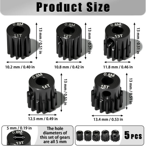 5Pcs 0.8M Hardened Steel Pinion Gear Set With 5mm Shaft 11T 12T 13T 14T 15T Includes M4 Screw And Hex Key For 1/10 Scale RC Cars