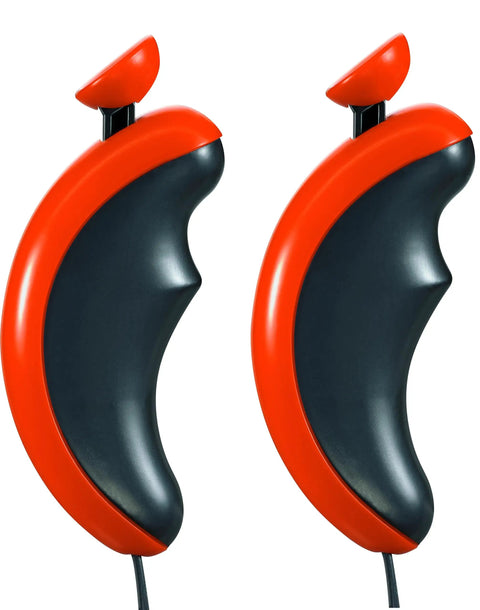 Close-up of red and black hand controllers for the Batwheels Action Packed Slot Car Race Track With Spinners Includes Bam And RedBird Cars Battery Powered Beginner Racing Set For Kids Ages 3 And Up Totally Built For Easy Setup Easy Fun And Fast Family Play.