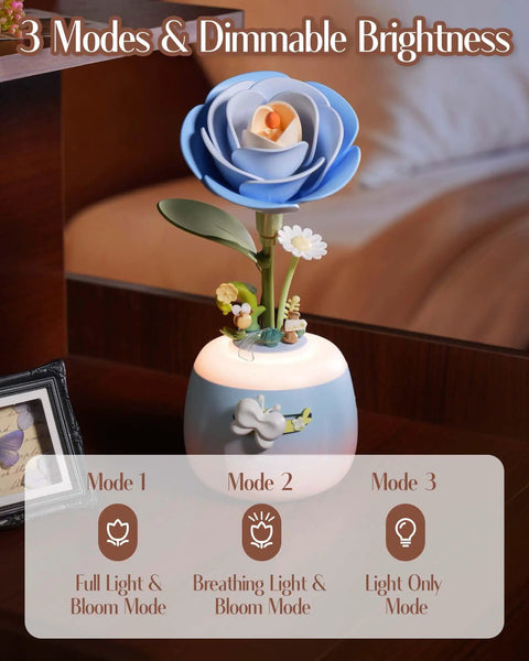Starry Camellia Lamp DIY 3D Flower Night Light Kit With 73 Laser Cut Pieces For Bedroom Decor Mesmerizing Blooming Motion Powered By A Gentle 5 RPM Motor A Dope Home Accent And Creative Gift For Adults Women Teens, blue flower lamp with dimmable modes