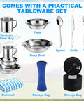 Stainless steel mess kit from Grab And Go All In One 11 Piece Camping Gear Set For One To Two People, featuring utensils.