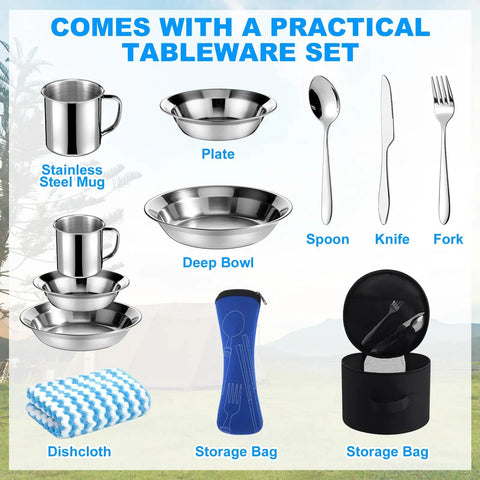 Stainless steel mess kit from Grab And Go All In One 11 Piece Camping Gear Set For One To Two People, featuring utensils.