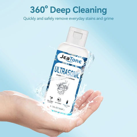 Premium Ultrasonic Cleaner Juice For Bling Glasses And Sensitive Finds Wakes Up Muted Gems in a 50ml bottle held in a hand.