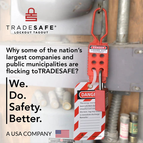 Lock Out Tag Out Hasp Bundle, Non Conductive Polypropylene LOTO Hasps installed on electrical panel with tag, 3 Pack.