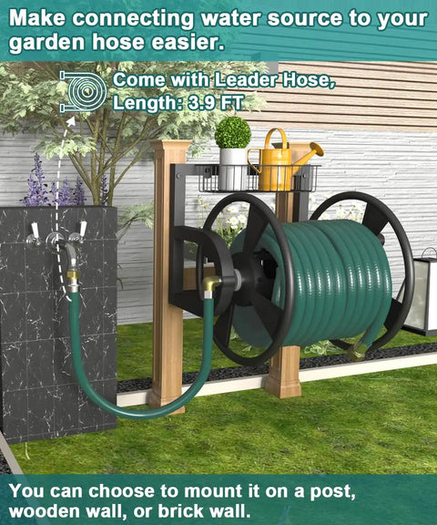 Wall Mounted Garden Hose Reel For Outdoor Use, Heavy Duty Hose Holder Winder With Leader Hose And Brass Connector, Black