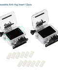 Two Hero 7 White And Silver Waterproof Housing Case With 30m Depth with 12 anti-fog inserts displayed.