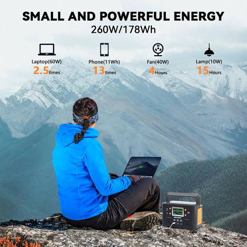 Person using Portable Power Station Solar Generator 260W Continuous 500W Peak with 65W USB C PD Fast Charge outdoors