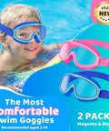 Child wearing Kids Swim Goggles 2 Pack With No Hair Pulling Comfort Fabric Strap For Ages 3 To 14 in pool, magenta and blue colors