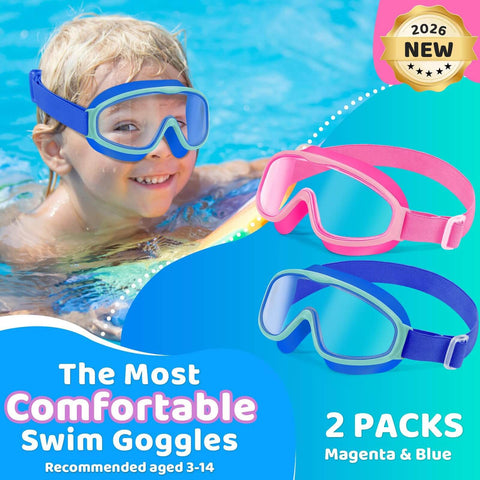 Child wearing Kids Swim Goggles 2 Pack With No Hair Pulling Comfort Fabric Strap For Ages 3 To 14 in pool, magenta and blue colors