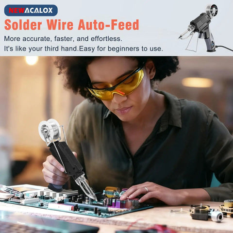 Person using Auto Feed Soldering Gun Kit With LCD Display And Hands Free Operation Plus Minus 1C Precision Temperature Control