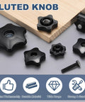 2 Pack Black Star Clamping Knob 5/8-11 Thread Fluted Grip Screw For Shop Jigs And Woodworking showcasing various sizes on wood.