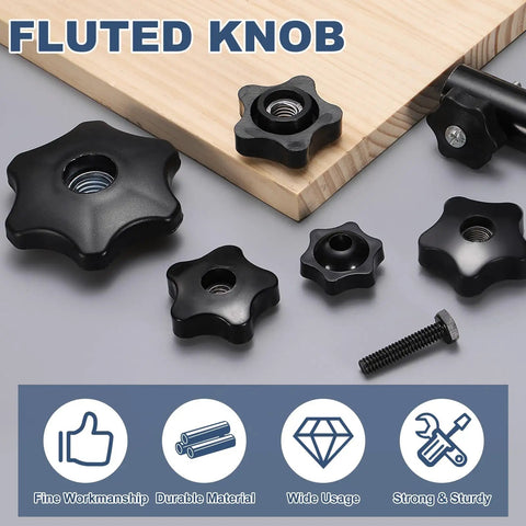 2 Pack Black Star Clamping Knob 5/8-11 Thread Fluted Grip Screw For Shop Jigs And Woodworking showcasing various sizes on wood.
